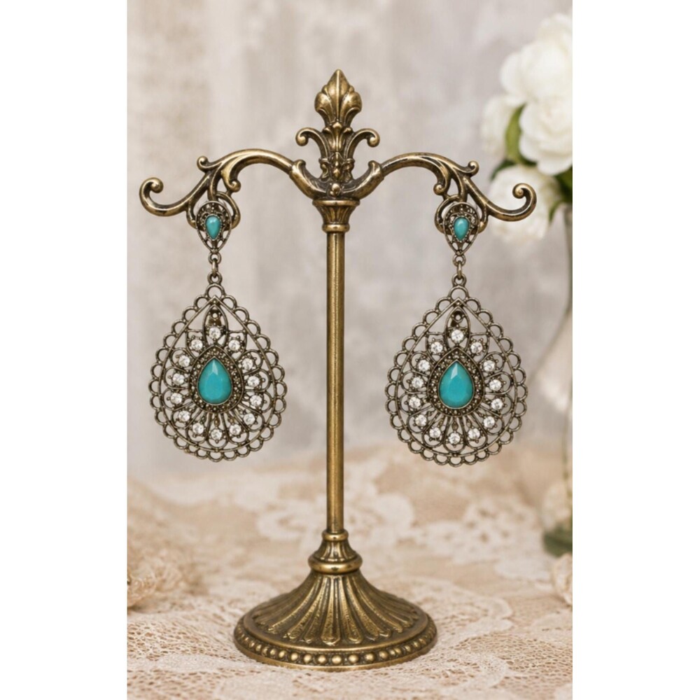 Turquoise Color Statement Earrings, Silver Tone Filigree Earrings, Rhinestone Ch